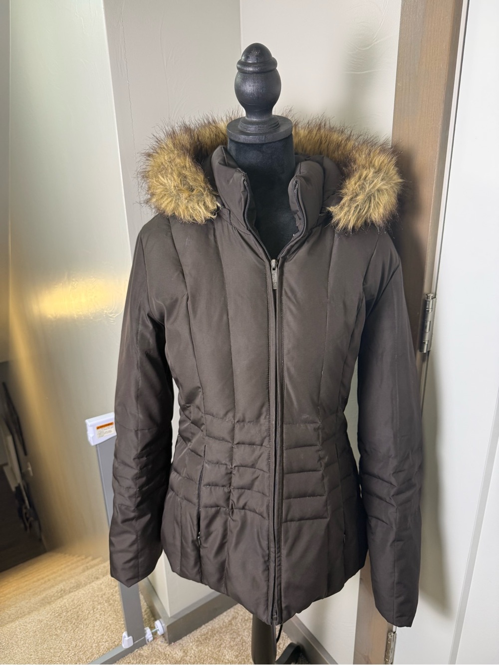 Calvin Klein Brown Puffer Hooded Coat Jacket Faux Fur Trim Down Filled Zip Up S